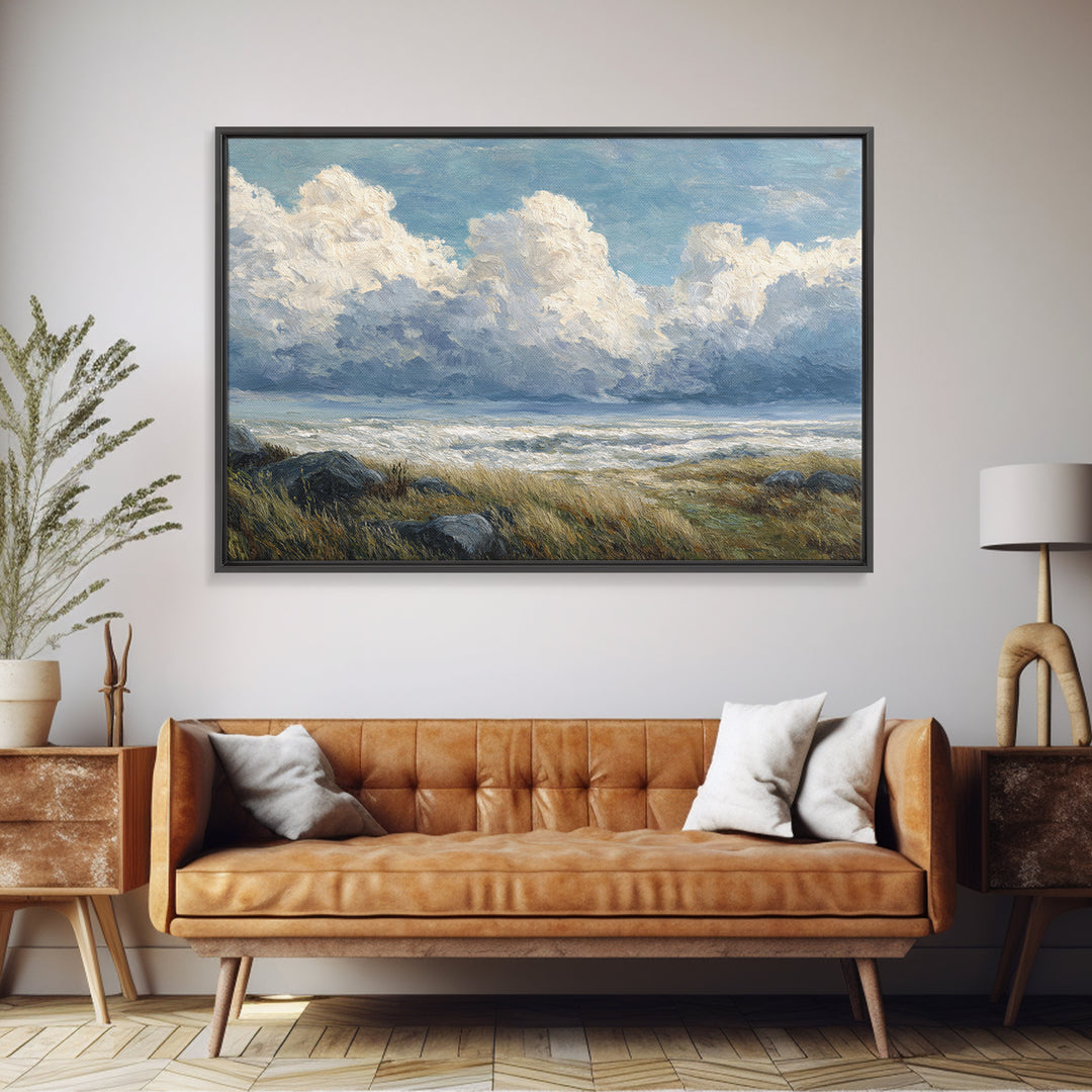 Large Cloudscape with Gentle Movement Framed Canvas Print, Living Room Art, 3 Piece Wall Art, Living Room Decor, Watercolor Art, LIR-3x2-71