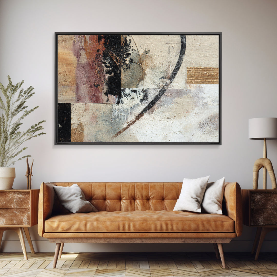 Gold Accented Abstract Brushwork Framed Canvas Print, Living Room Art, Oversized Wall Art, Living Room Decor, Abstract Art, LIR-3x2-90