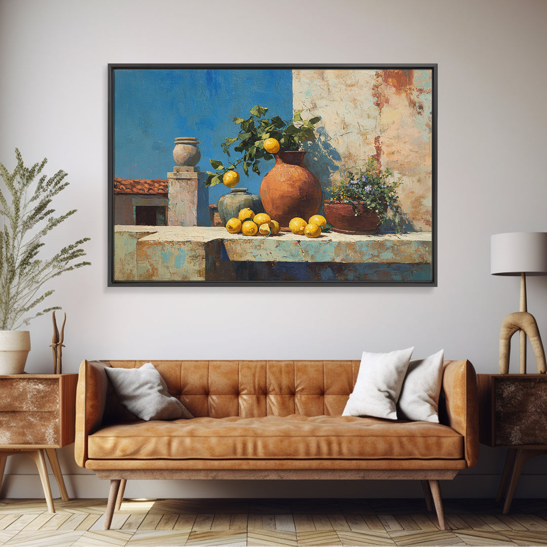 Warm Mediterranean Lemon Still Life Canvas Print, Living Room Art, Dopamine Decor, Living Room Decor, Abstract Art, Living, LIR-3x2-94