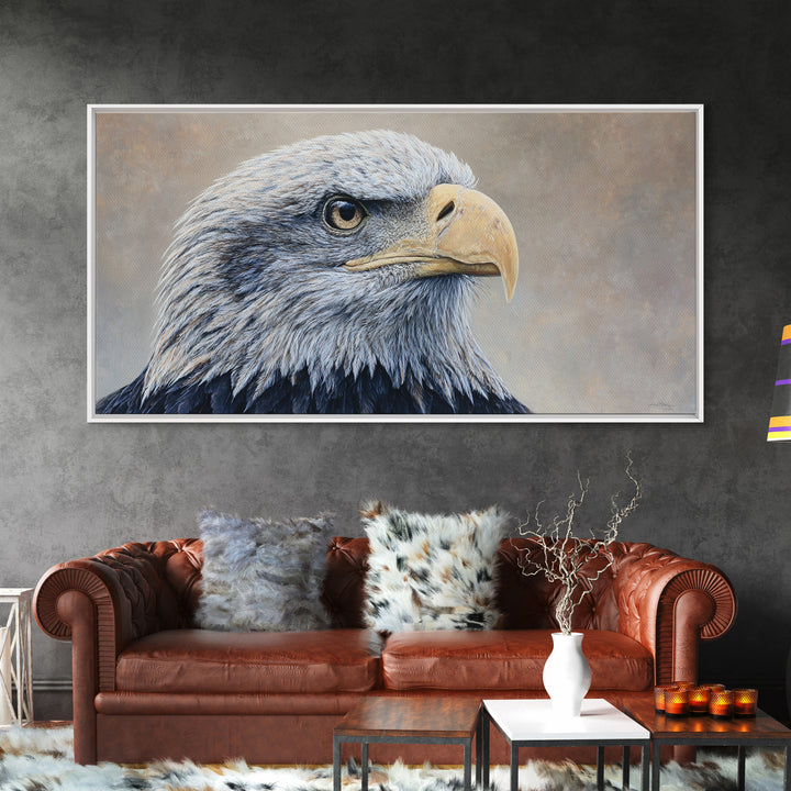 Eagle Portrait with Solemn Presence Canvas Print, Law Office Art, Neutral Decor, Office Decor, Fine Art, Counsel, Wall Art, LOA-2x1-26