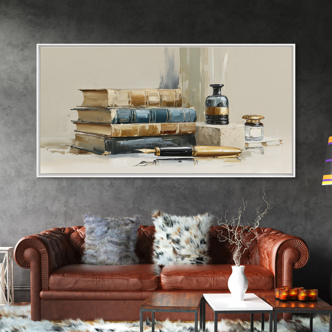 Dignified Law Books and Fountain Pen Still Canvas Print, Law Office Art, Minimalist Decor, Office Decor, Fine Art, Counsel, LOA-2x1-70