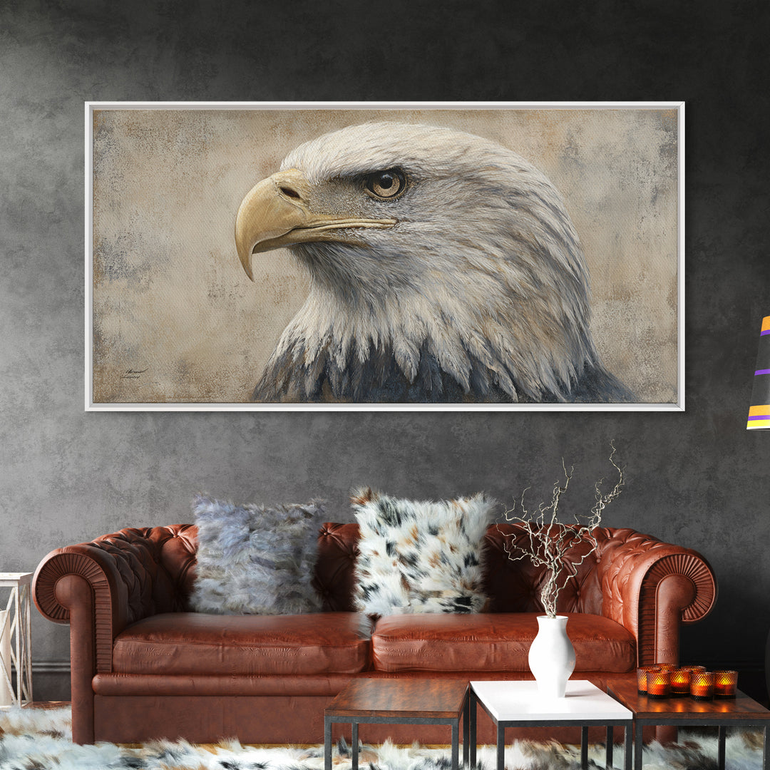 Eagle Portrait with Solemn Presence Canvas Print, Law Office Art, Contemporary Art, Office Decor, Counsel, Metal Wall Decor, LOA-2x1-74