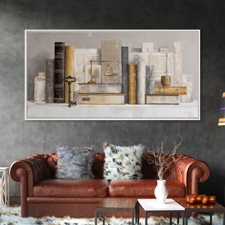 Antique Key and Leather Bound Books Arrangement Framed Canvas Print, Law Office Art, Neutral Decor, Office Decor, Counsel, LOA-2x1-75