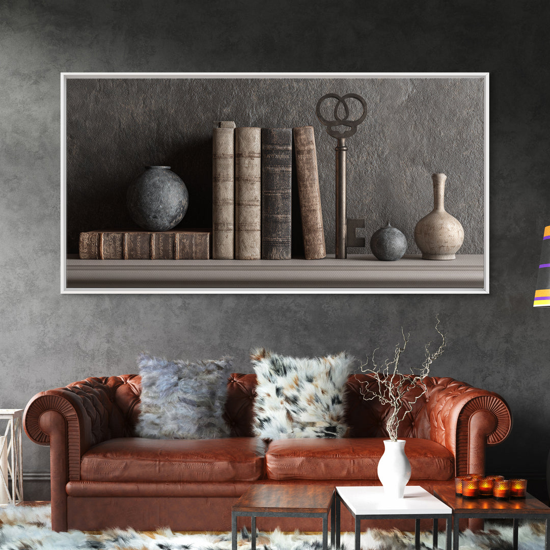 Antique Key and Leather Bound Books Arrangement Framed Canvas Print, Law Office Art, Poster Print, Office Decor, Counsel, LOA-2x1-99