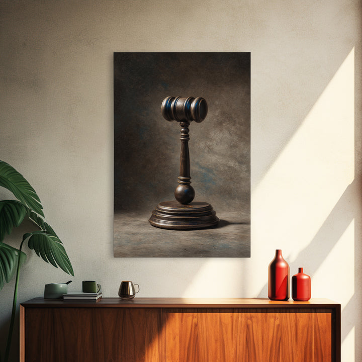 Classic Gavel Still Life Framed Canvas Print, Law Office Art, Boho Decor, Office Decor, Oil Painting, Counsel, Digital Prints, LOA-2x3-21