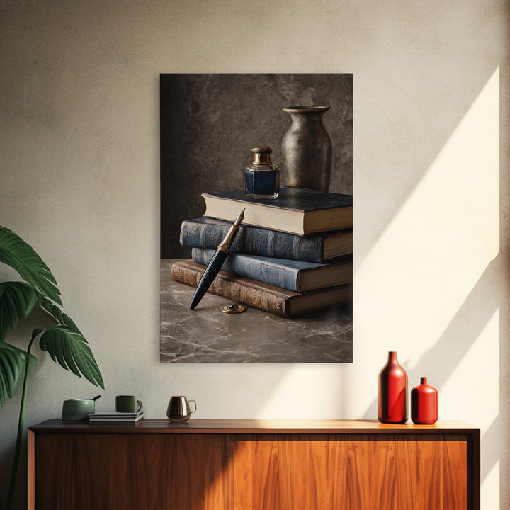 Dignified Law Books and Fountain Pen Still Framed Canvas Print, Law Office Art, Luxury Decor, Office Decor, Fine Art, Counsel, LOA-2x3-34