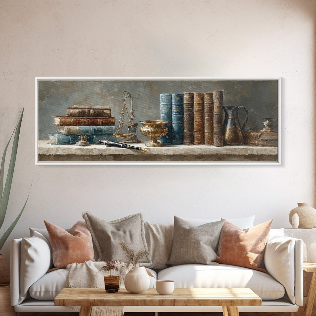 Dignified Law Books and Fountain Pen Still Framed Canvas Print, Law Office Art, Digital Prints, Office Decor, Fine Art, Counsel, LOA-3x1-18