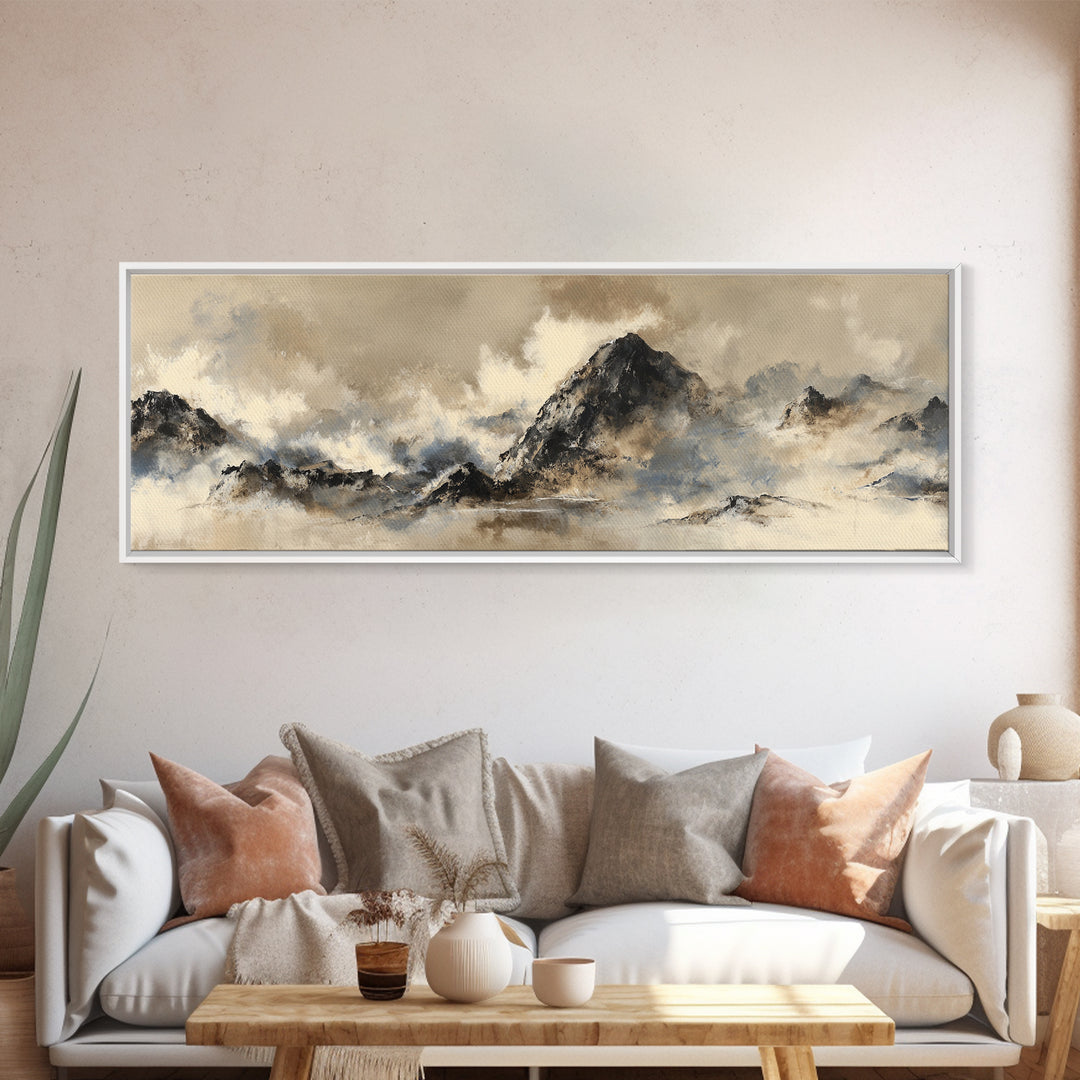 Ink Wash Mountain Symbolizing Stability Framed Canvas Print, Law Office Art, Fine Art Print, Office Decor, Oil Painting, LOA-3x1-60