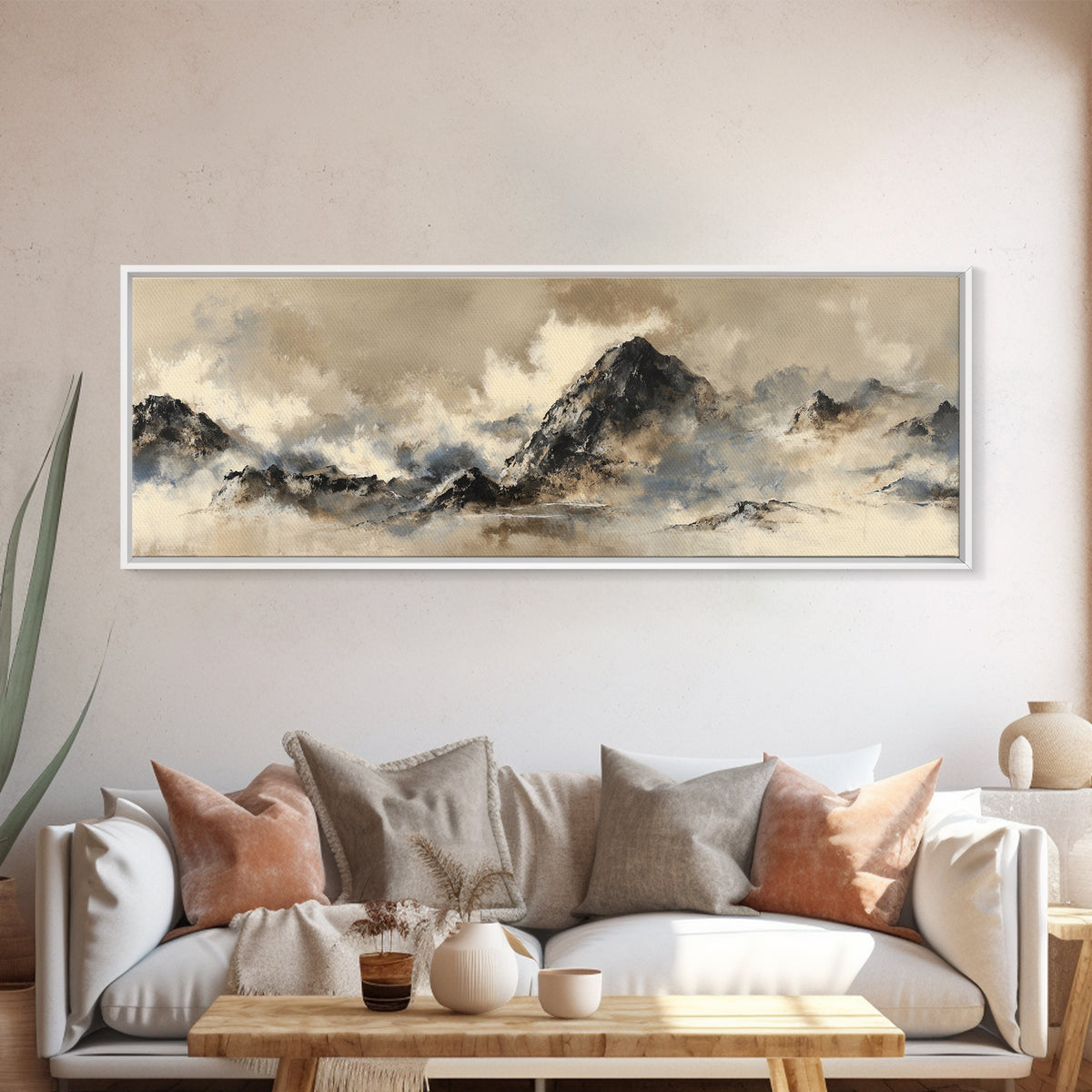 Ink Wash Mountain Symbolizing Stability Framed Canvas Print, Law Office Art, Fine Art Print, Office Decor, Oil Painting, LOA-3x1-60