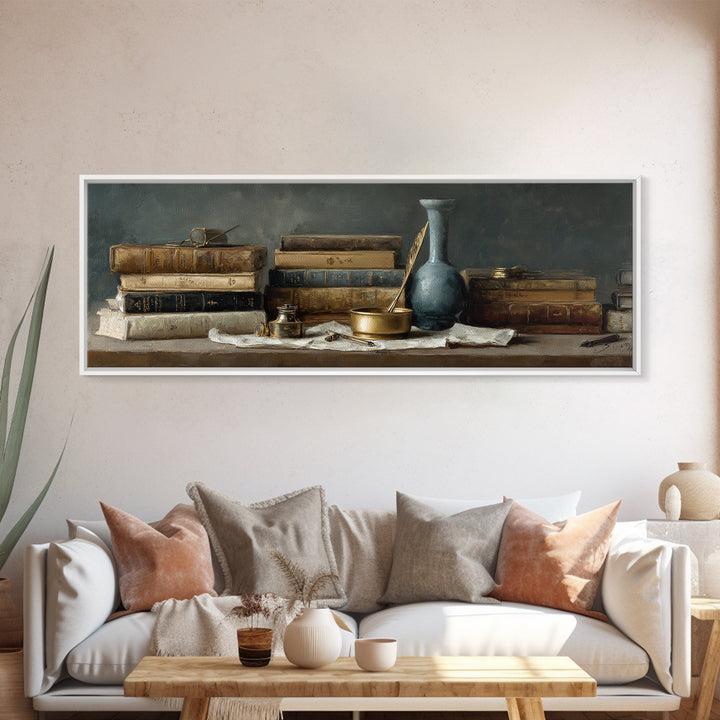 Dignified Law Books and Fountain Pen Still Framed Canvas Print, Law Office Art, Bookish Wall Art, Office Decor, Counsel, LOA-3x1-90