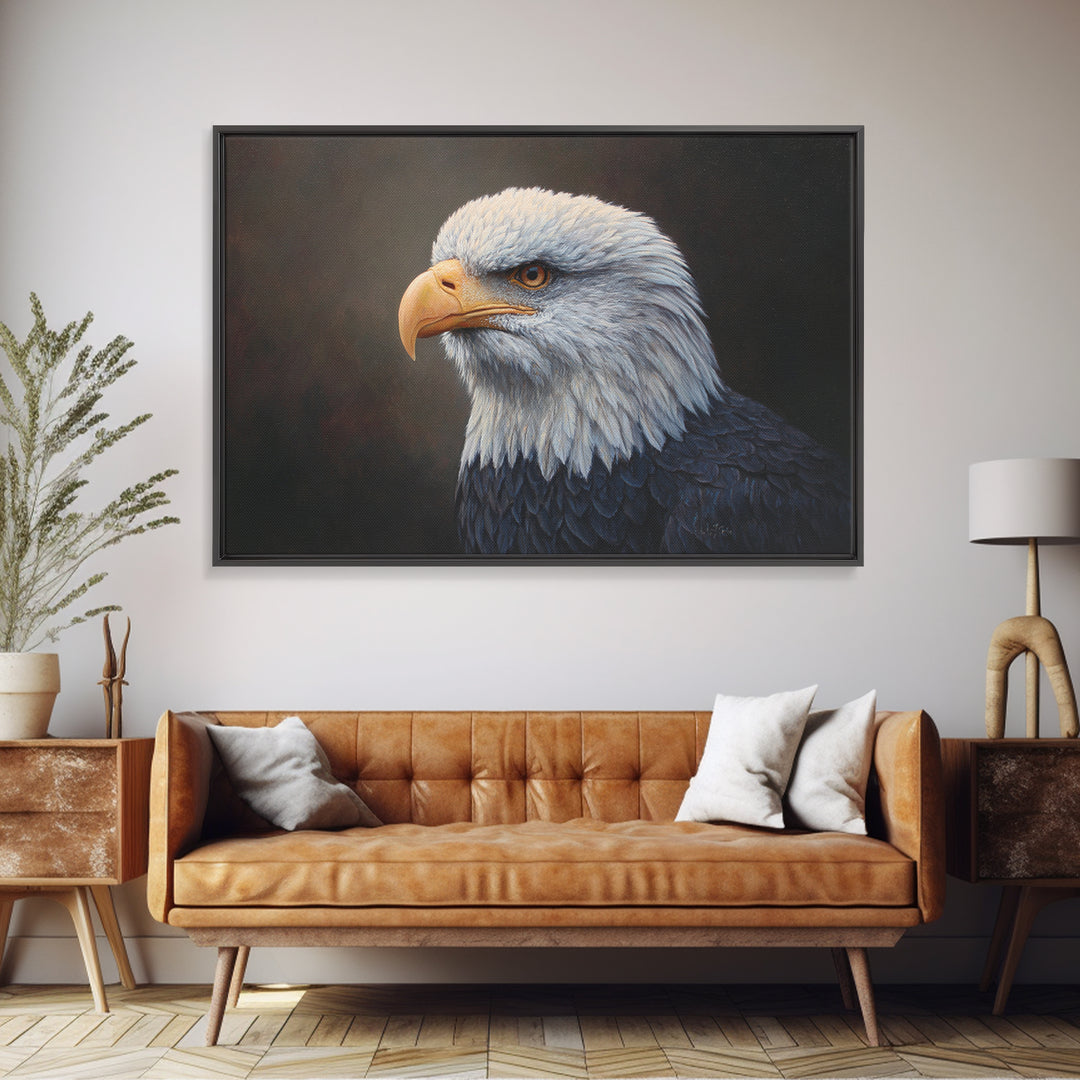 Eagle Portrait with Solemn Presence Framed Canvas Print, Law Office Art, Office Decor, Fine Art, Counsel, Therapy Office Decor, LOA-3x2-10