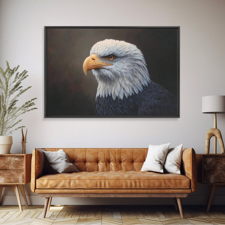 Eagle Portrait with Solemn Presence Framed Canvas Print, Law Office Art, Office Decor, Fine Art, Counsel, Therapy Office Decor, LOA-3x2-10