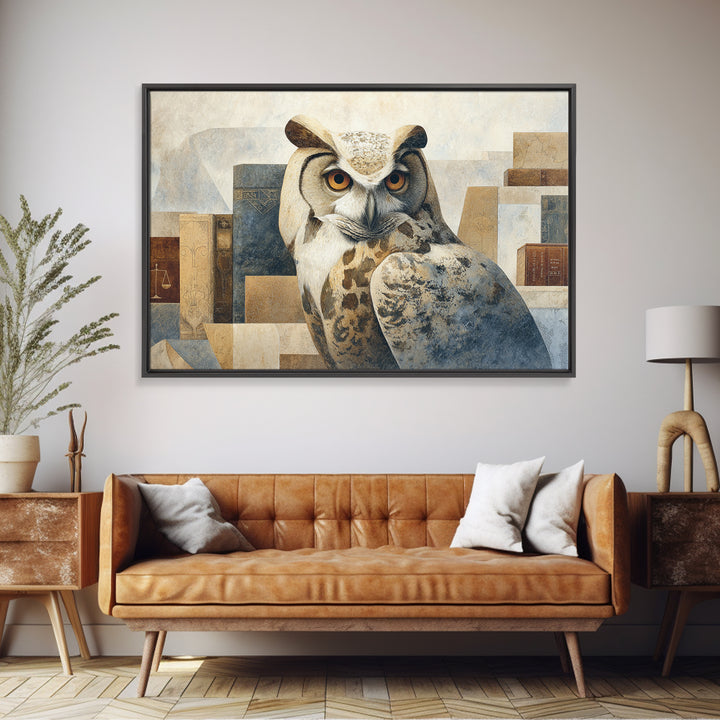 Owl Portrait Representing Wisdom Framed Canvas Print, Law Office Art, Bookish Wall Art, Office Decor, Fine Art, Counsel, LOA-3x2-45