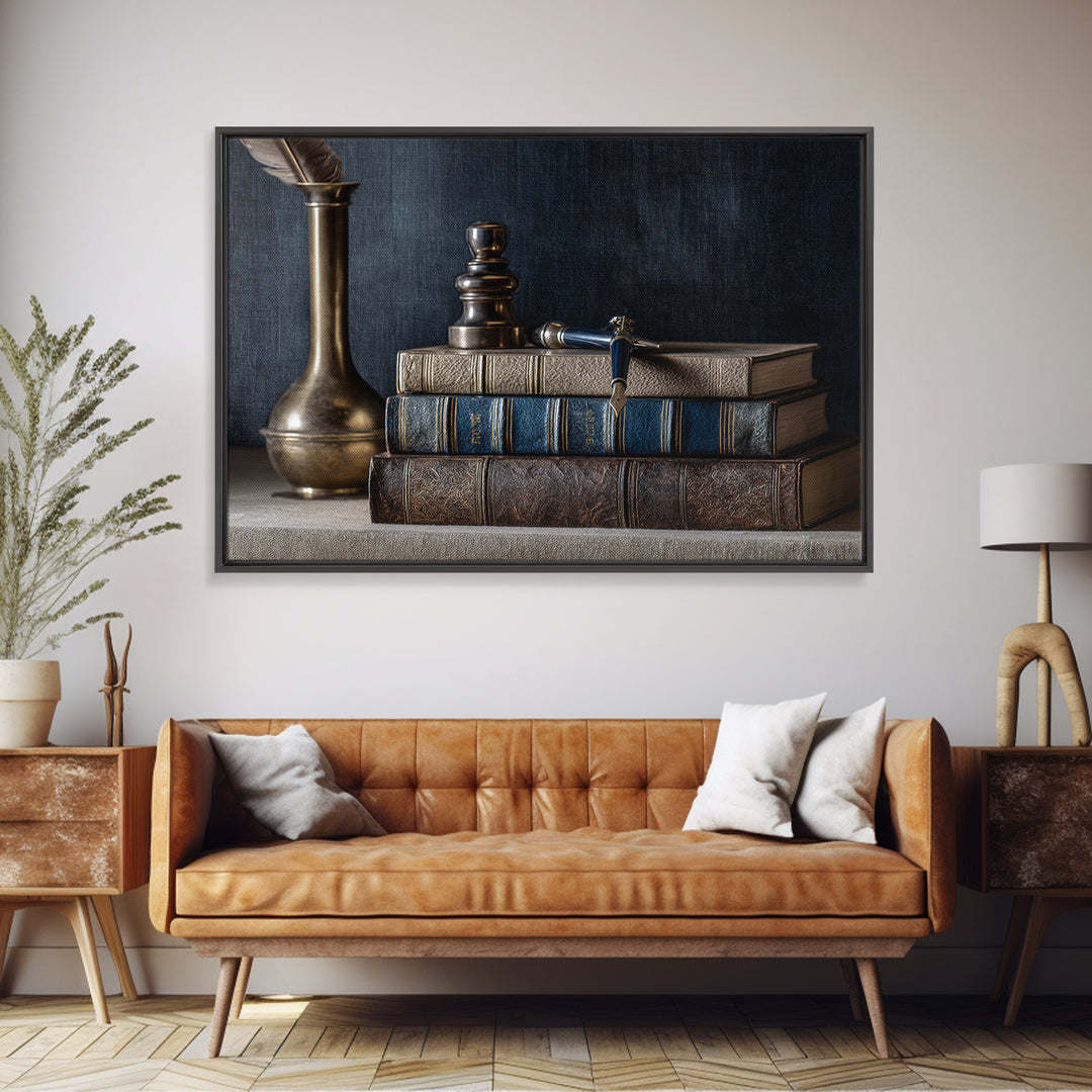 Dignified Law Books and Fountain Pen Still Framed Canvas Print, Law Office Art, Printable, Office Decor, Fine Art, Counsel, LOA-3x2-6