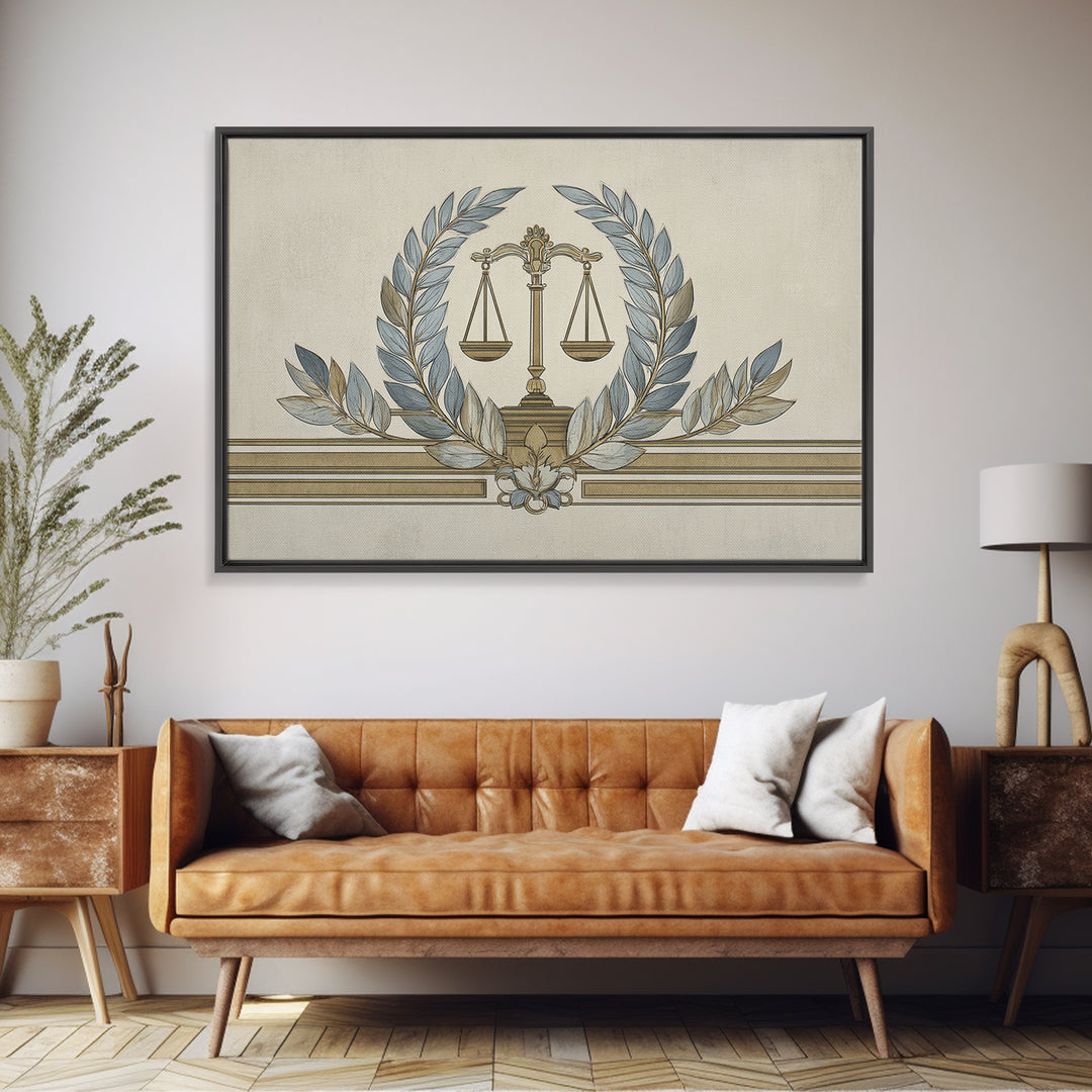 Minimal Line Drawing of Scales and Laurel Canvas Print, Law Office Art, Office, Office Decor, Abstract Art, Counsel, LOA-3x2-62