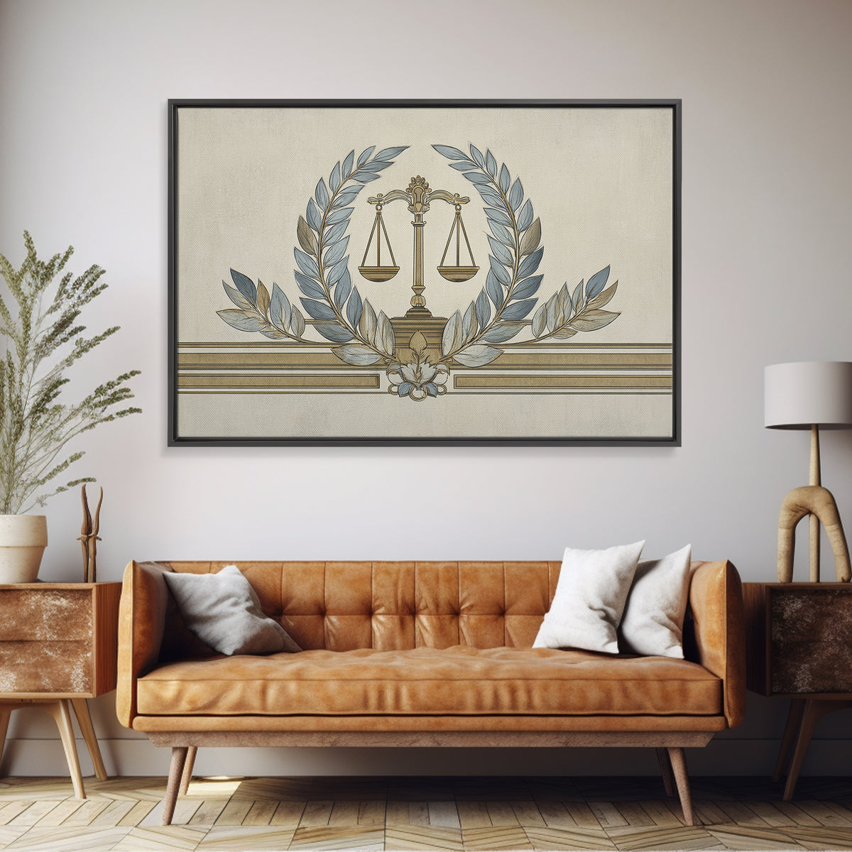 Minimal Line Drawing of Scales and Laurel Canvas Print, Law Office Art, Office, Office Decor, Abstract Art, Counsel, LOA-3x2-62