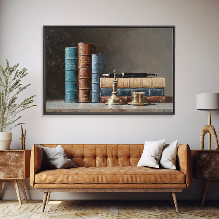 Dignified Law Books and Fountain Pen Still Framed Canvas Print, Law Office Art, Gifts for Lawyers, Office Decor, Counsel, LOA-3x2-78