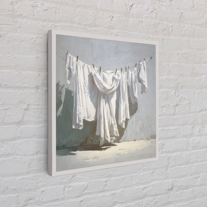 Clothesline with White Linens Blowing in Sunshine Canvas Print, Laundry Room Art, Rustic Home Decor, Living Room Decor, Clean, LRA-1x1-1