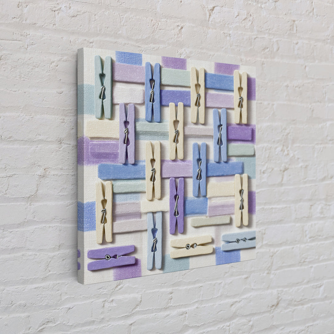 Cheerful Clothespins Arranged as Pattern Framed Canvas Print, Laundry Room Art, Funny Poster, Living Room Decor, Watercolor Art, LRA-1x1-100