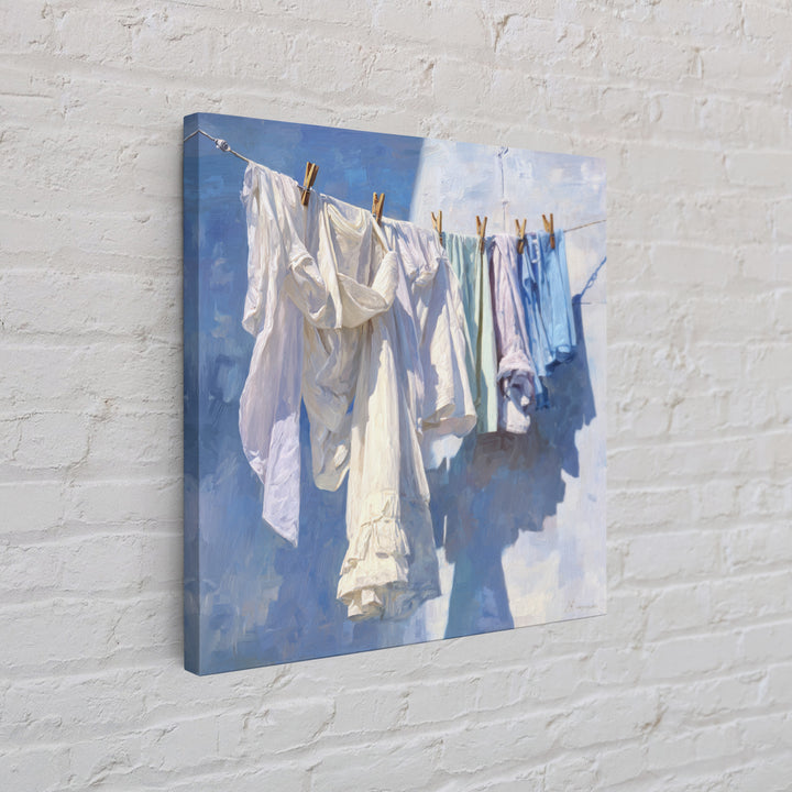Clothesline with White Linens Blowing in Sunshine Canvas Print, Laundry Room Art, Modern Decor, Living Room Decor, Abstract Art, LRA-1x1-25