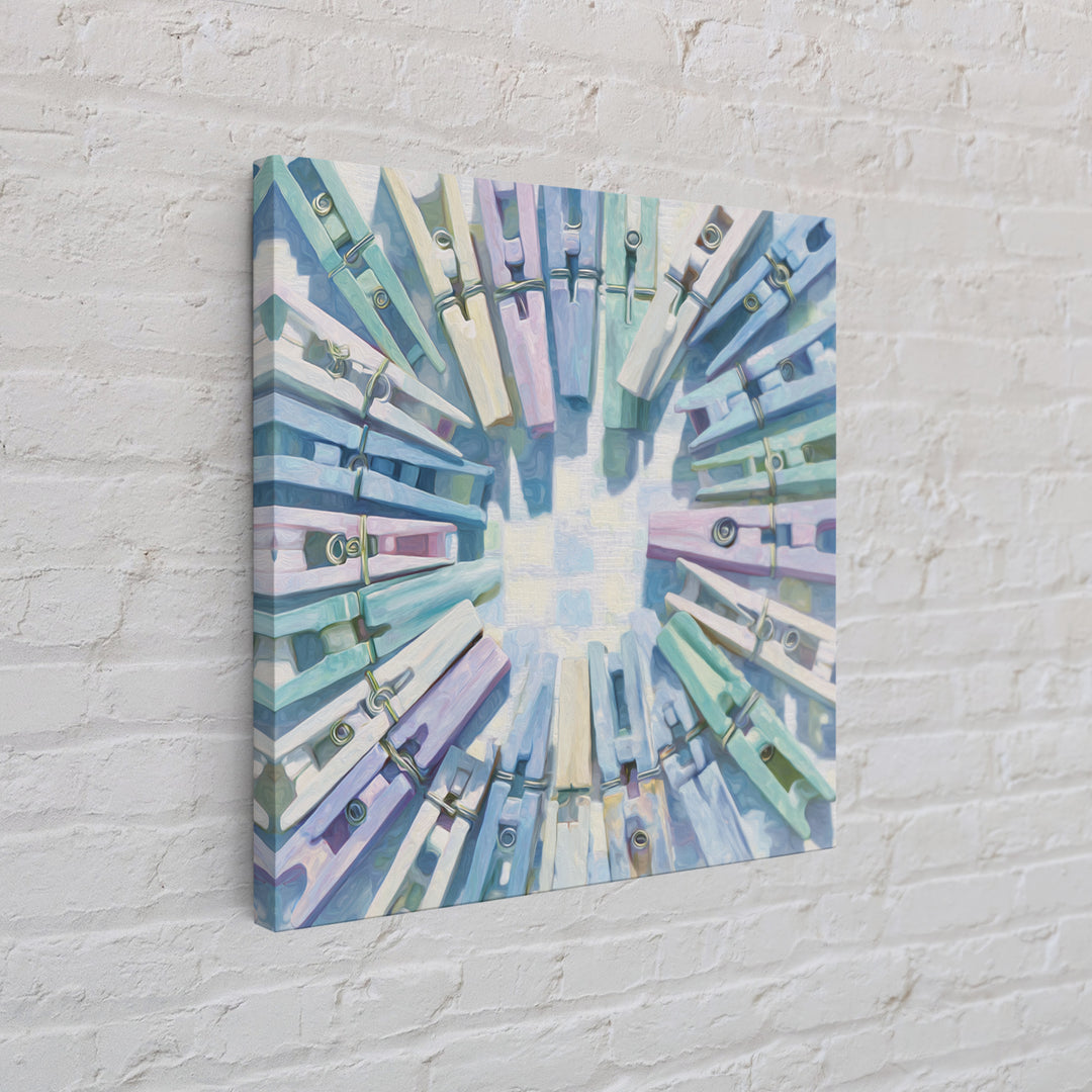 Cheerful Clothespins Arranged as Pattern Framed Canvas Print, Laundry Room Art, Artwork, Living Room Decor, Oil Painting, Clean, LRA-1x1-28