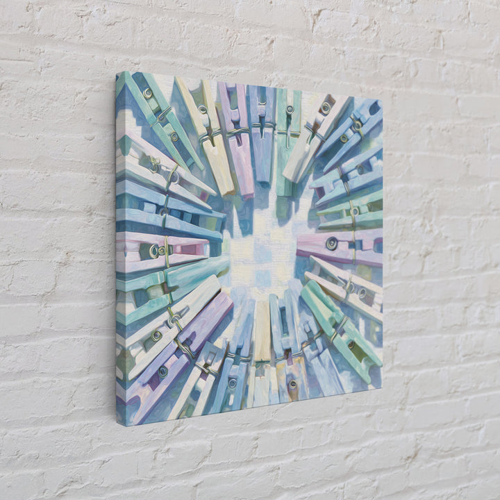 Cheerful Clothespins Arranged as Pattern Framed Canvas Print, Laundry Room Art, Artwork, Living Room Decor, Oil Painting, Clean, LRA-1x1-28