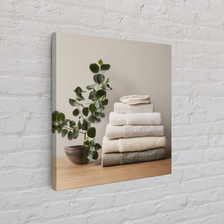 Sunlit White Towels and Eucalyptus Branch Canvas Print, Laundry Room Art, Farmhouse Wall Decor, Living Room Decor, LRA-1x1-35