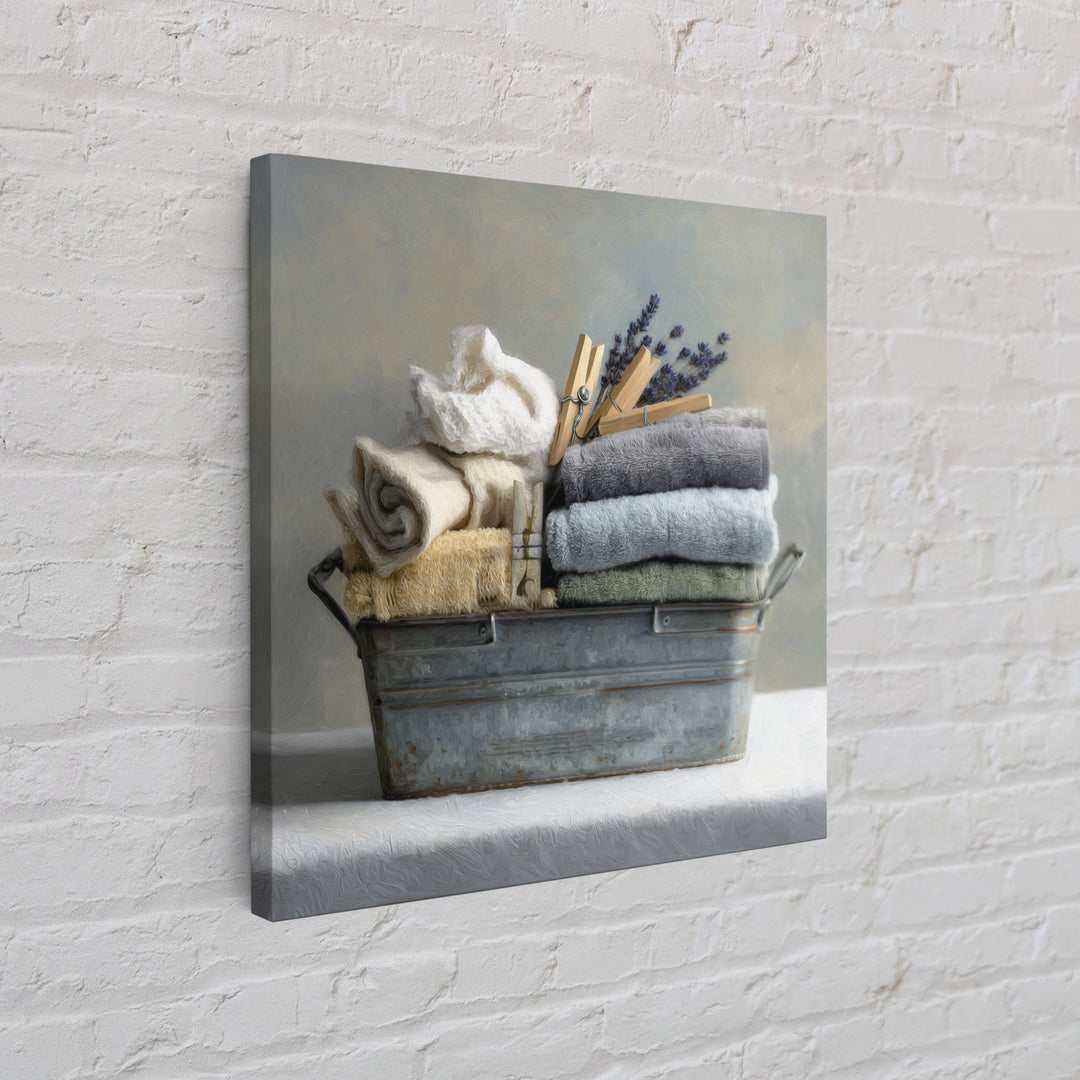 Basket of Folded Towels Framed Canvas Print, Laundry Room Art, Rustic Home Decor, Living Room Decor, Fine Art, Clean, LRA-1x1-38