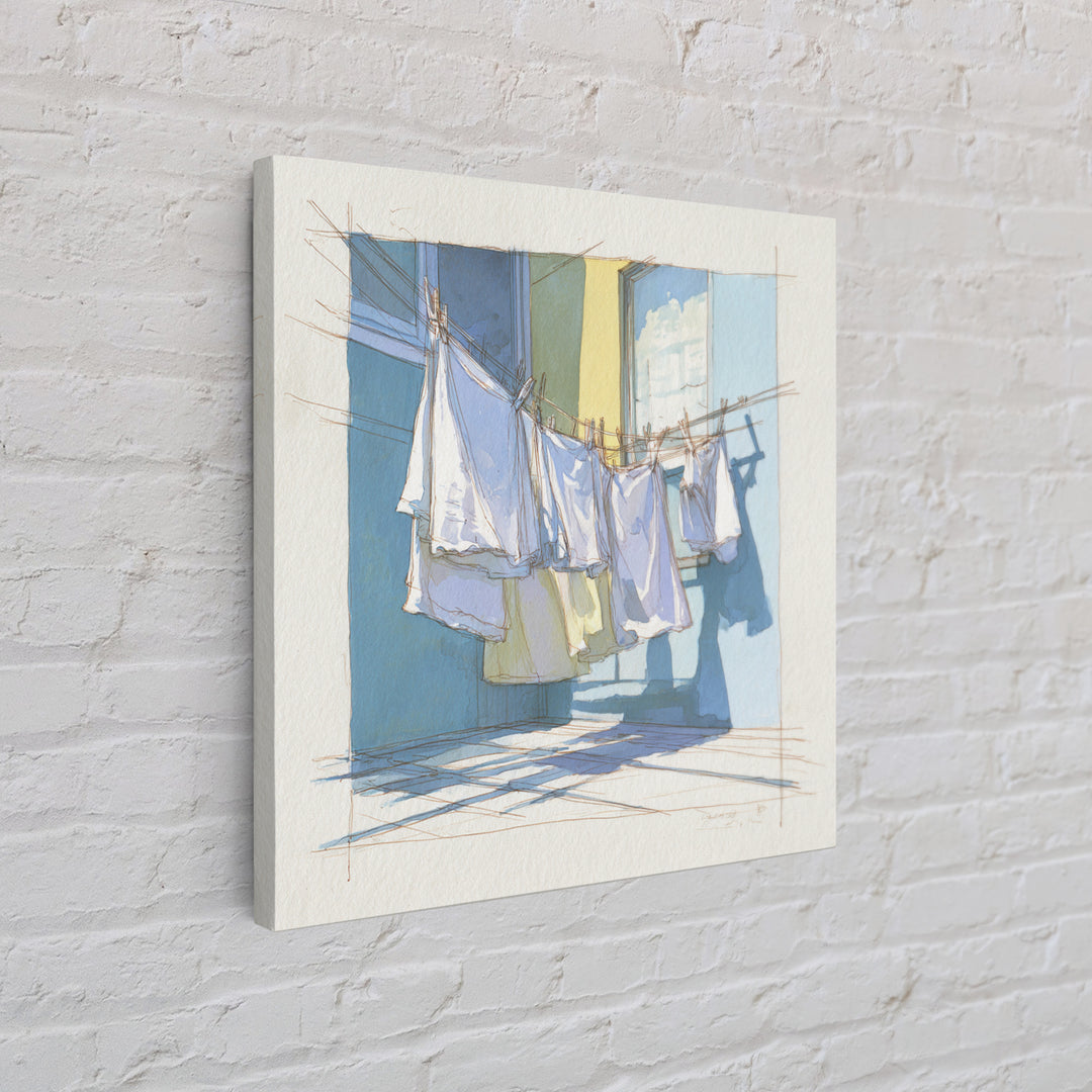 Simple Line Drawing of Hanging Laundry Framed Canvas Print, Laundry Room Art, Art Print, Living Room Decor, Abstract Art, Clean, LRA-1x1-40