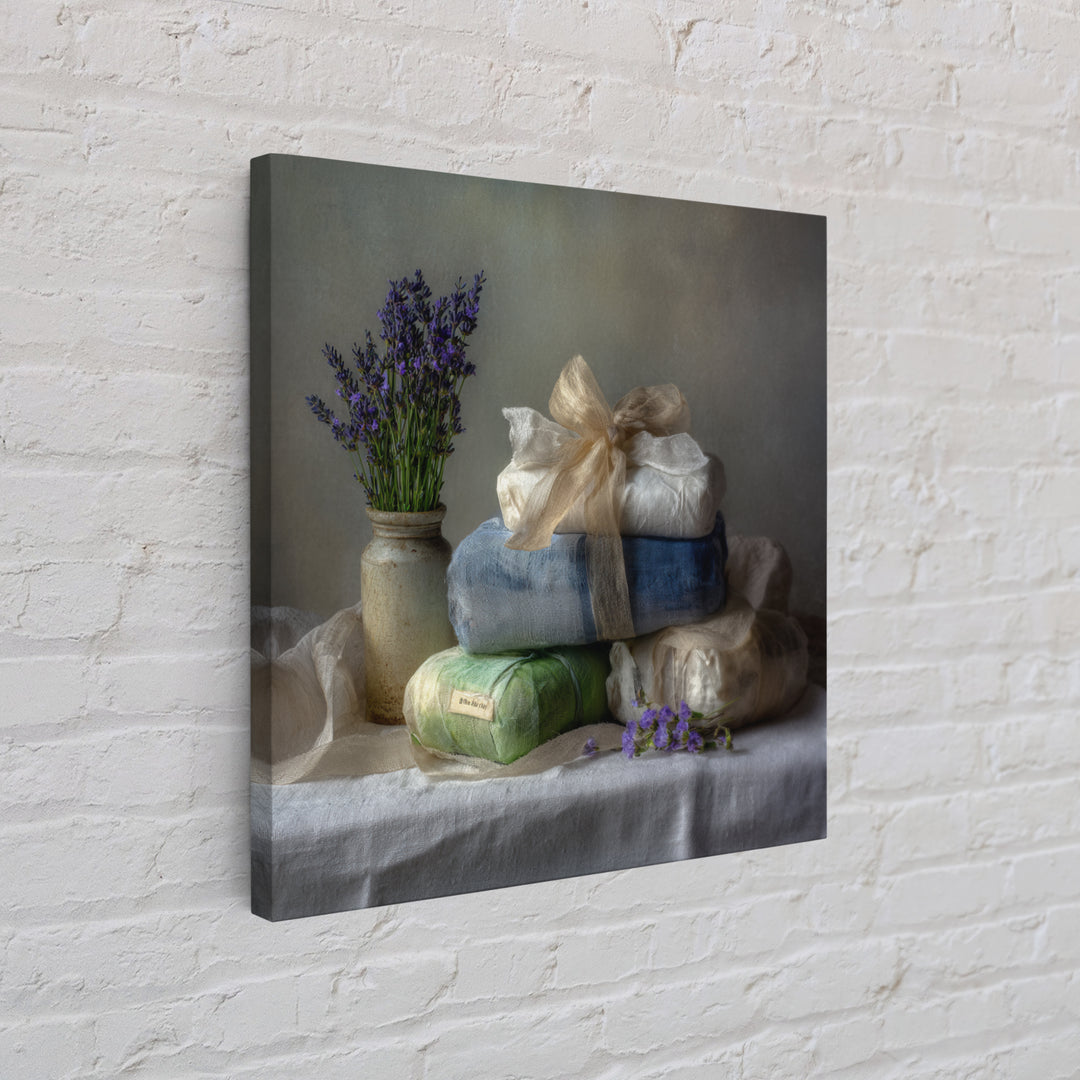 Lavender Sachet and Ribbon Still Life Framed Canvas Print, Laundry Room Art, Gallery Decor, Living Room Decor, Fine Art, Clean, LRA-1x1-41