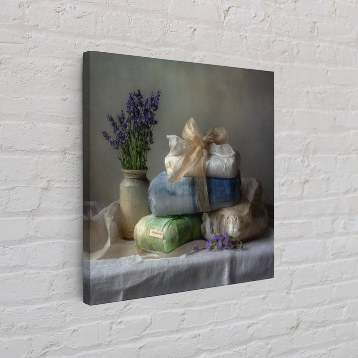 Lavender Sachet and Ribbon Still Life Framed Canvas Print, Laundry Room Art, Gallery Decor, Living Room Decor, Fine Art, Clean, LRA-1x1-41