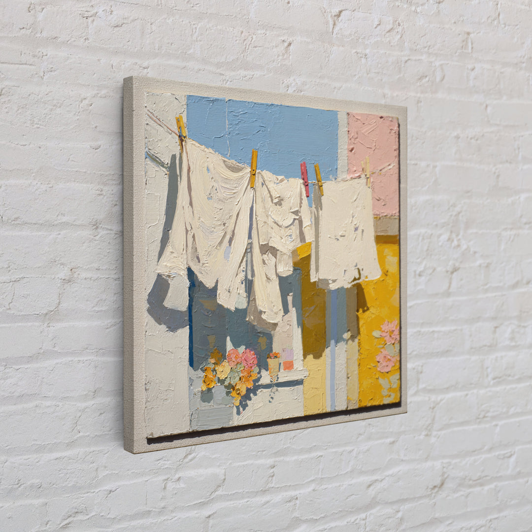 Clothesline with White Linens Blowing in Sunshine Canvas Print, Laundry Room Art, Modern Decor, Living Room Decor, Abstract Art, LRA-1x1-49