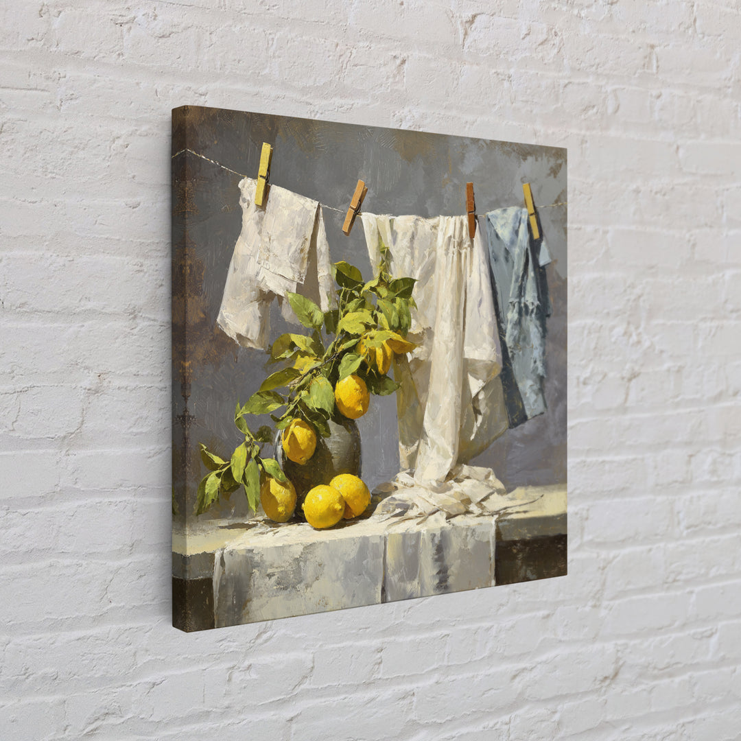 Lemon and Clean Linen Still Life Framed Canvas Print, Laundry Room Art, Rustic Home Decor, Living Room Decor, Abstract Art, LRA-1x1-51
