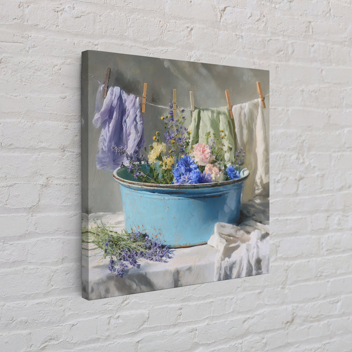 Old Enamel Basin Filled Framed Canvas Print, Laundry Room Art, Printable Art, Living Room Decor, Fine Art, Clean, Whimsical Art, LRA-1x1-56