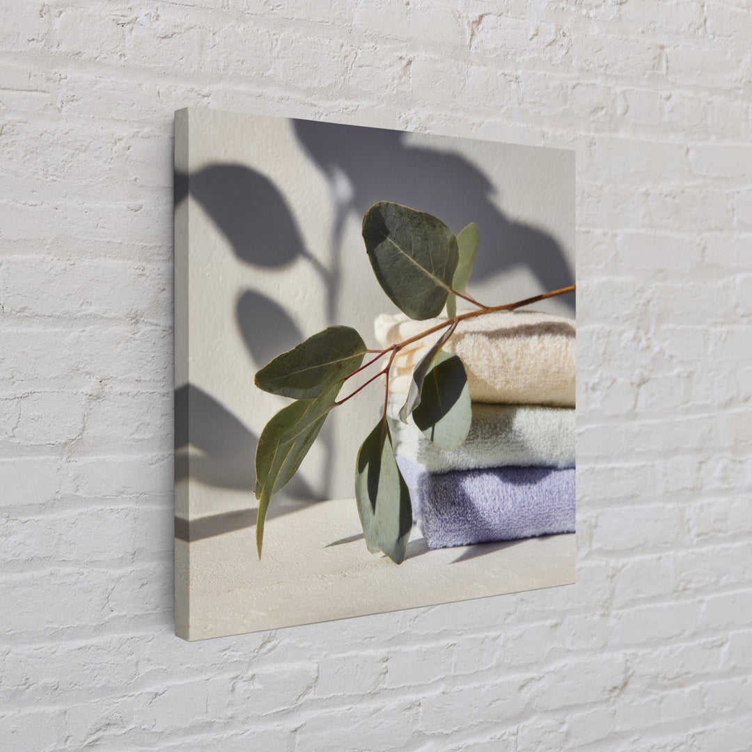 Sunlit White Towels and Eucalyptus Branch Canvas Print, Laundry Room Art, Digital Art Print, Living Room Decor, Fine Art, Clean, LRA-1x1-59
