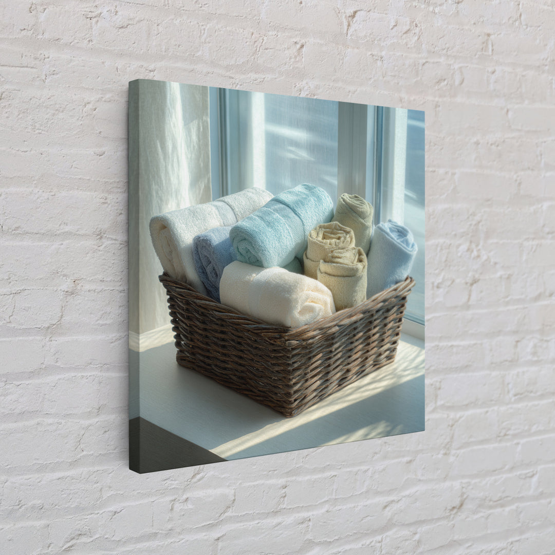 Basket of Folded Towels Framed Canvas Print, Laundry Room Art, Rustic Home Decor, Living Room Decor, Fine Art, Clean, LRA-1x1-62