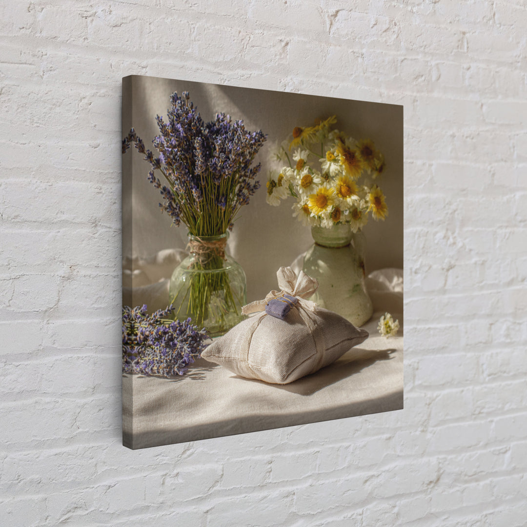 Lavender Sachet and Ribbon Still Life Framed Canvas Print, Laundry Room Art, Gallery Decor, Living Room Decor, Fine Art, Clean, LRA-1x1-65