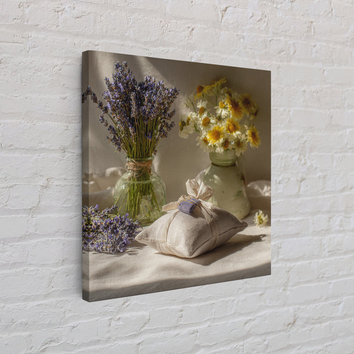 Lavender Sachet and Ribbon Still Life Framed Canvas Print, Laundry Room Art, Gallery Decor, Living Room Decor, Fine Art, Clean, LRA-1x1-65