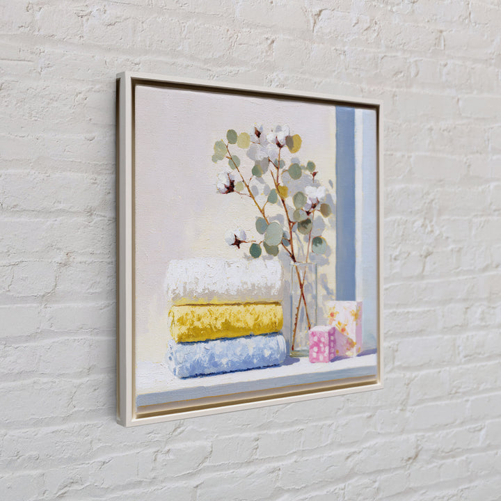 Sunlit White Towels and Eucalyptus Branch Canvas Print, Laundry Room Art, Statement Artwork, Living Room Decor, Clean, LRA-1x1-83