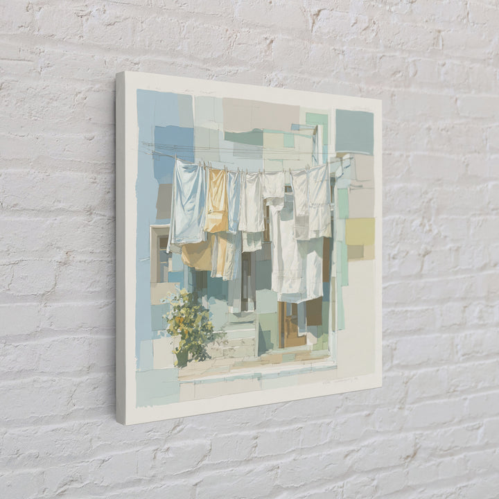 Simple Line Drawing of Hanging Laundry Framed Canvas Print, Laundry Room Art, Textured Painting, Living Room Decor, Clean, LRA-1x1-88