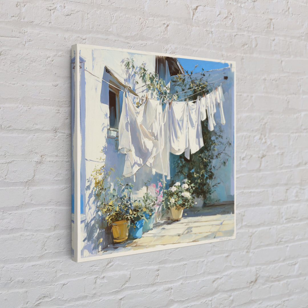 Clothesline with White Linens Blowing in Sunshine Canvas Print, Laundry Room Art, Home Decor, Living Room Decor, Clean, LRA-1x1-97