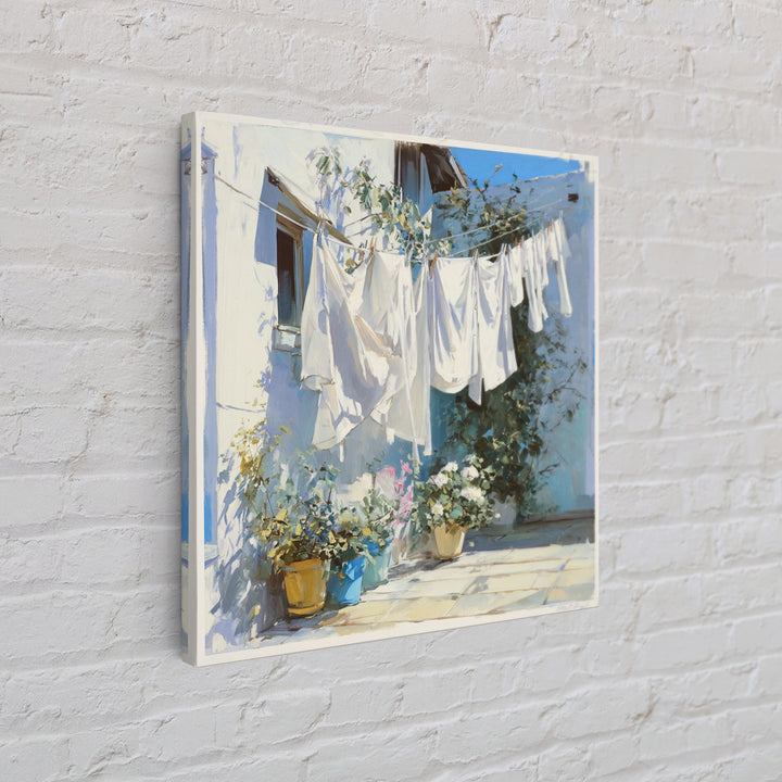 Clothesline with White Linens Blowing in Sunshine Canvas Print, Laundry Room Art, Home Decor, Living Room Decor, Clean, LRA-1x1-97