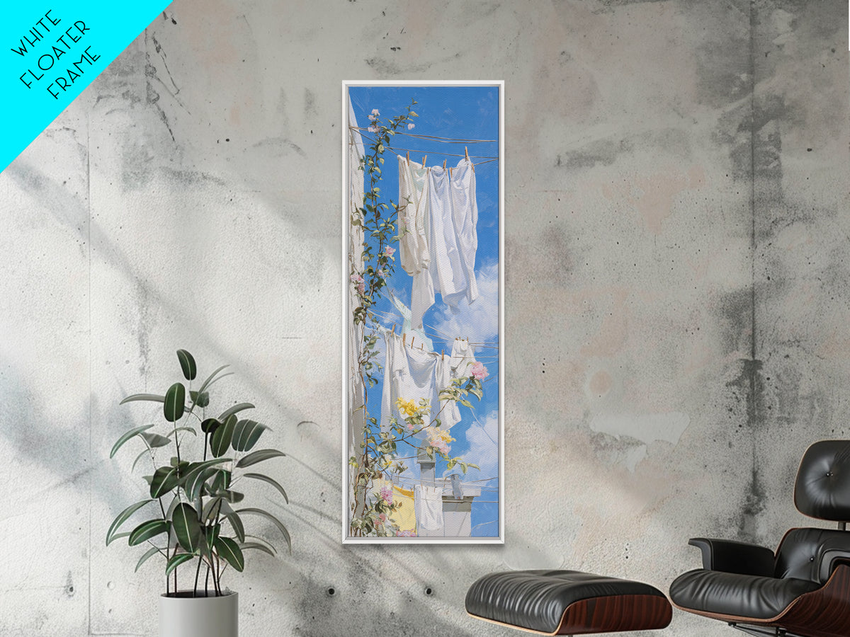 Clothesline with White Linens Blowing in Sunshine Canvas Print, Laundry Room Art, Statement Artwork, Living Room Decor, Clean, LRA-1x3-37
