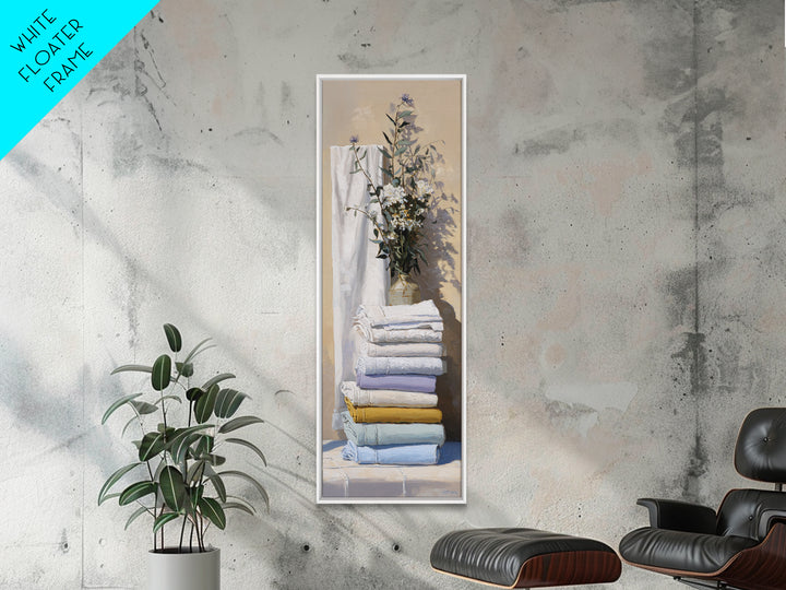 Sunlit White Towels and Eucalyptus Branch Framed Canvas Print, Laundry Room Art, New Home Gift, Living Room Decor, LRA-1x3-47