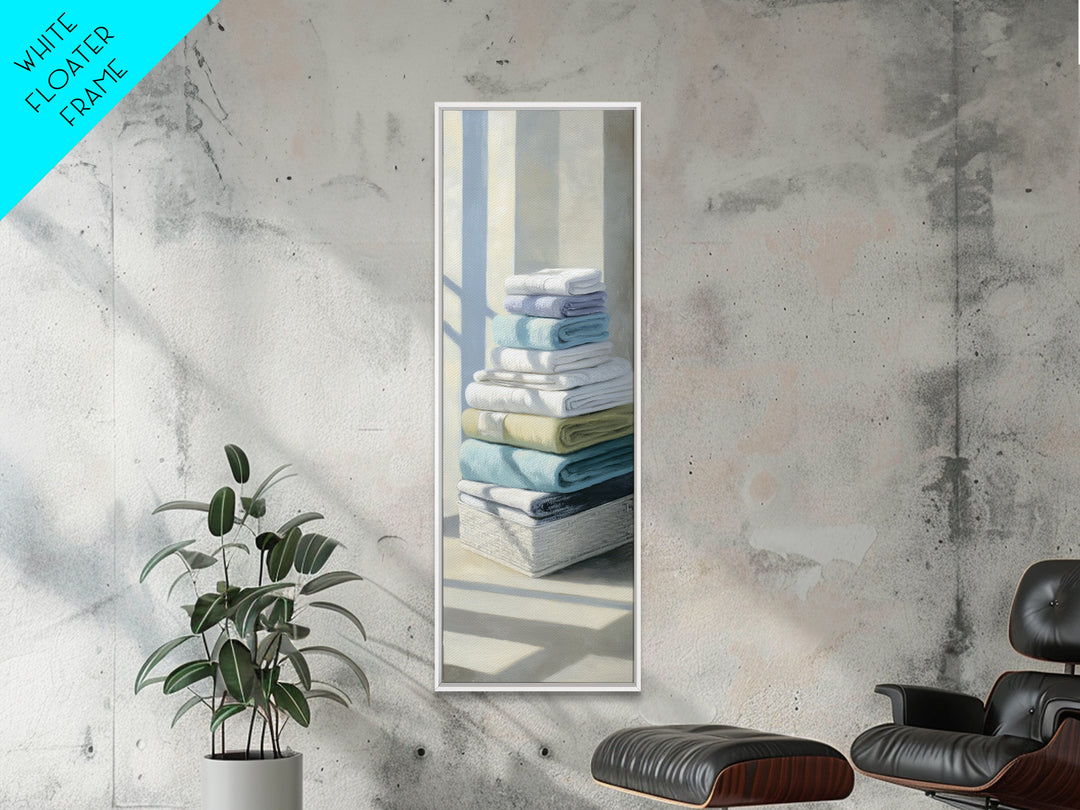 Basket of Folded Towels Framed Canvas Print, Laundry Room Art, Digital Art Print, Living Room Decor, Fine Art, Clean, LRA-1x3-50