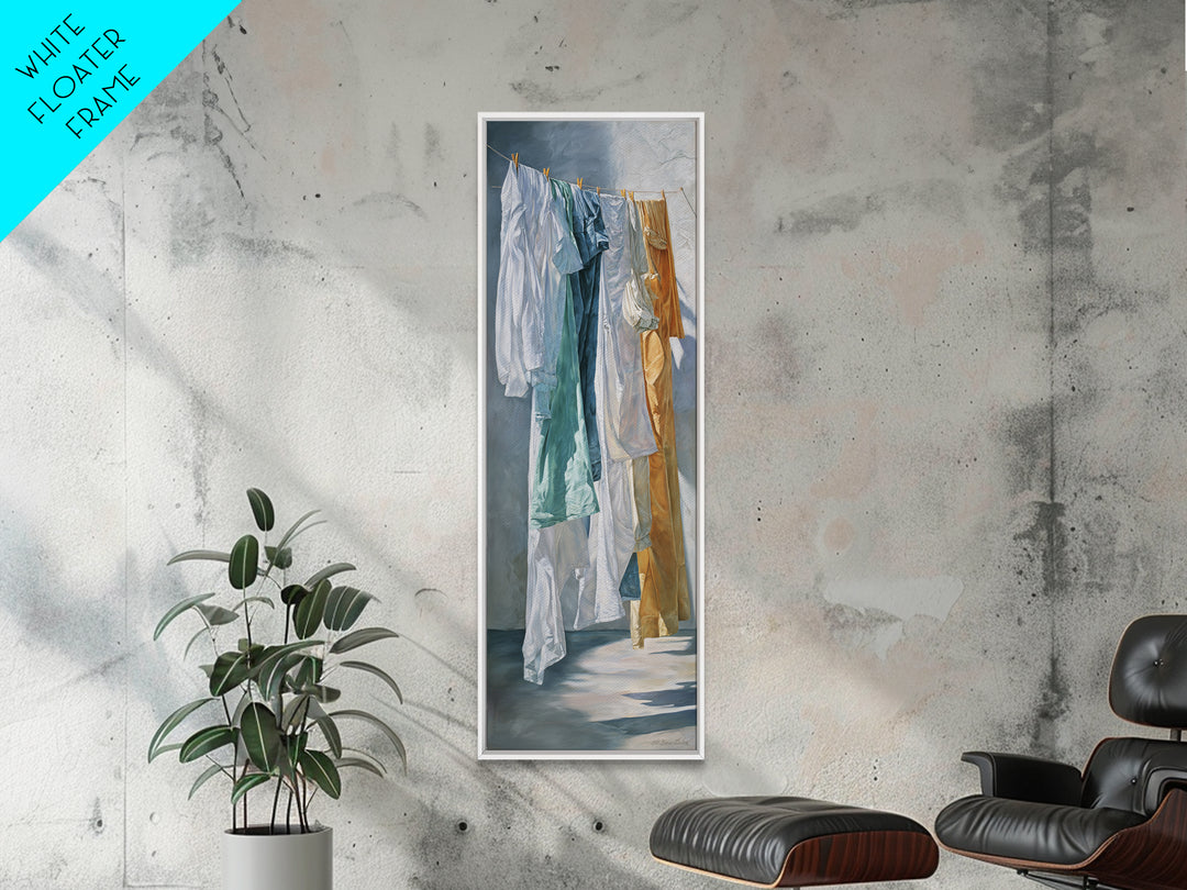 Clothesline with White Linens Blowing in Sunshine Canvas Print, Laundry Room Art, Textured Painting, Living Room Decor, Clean, LRA-1x3-61