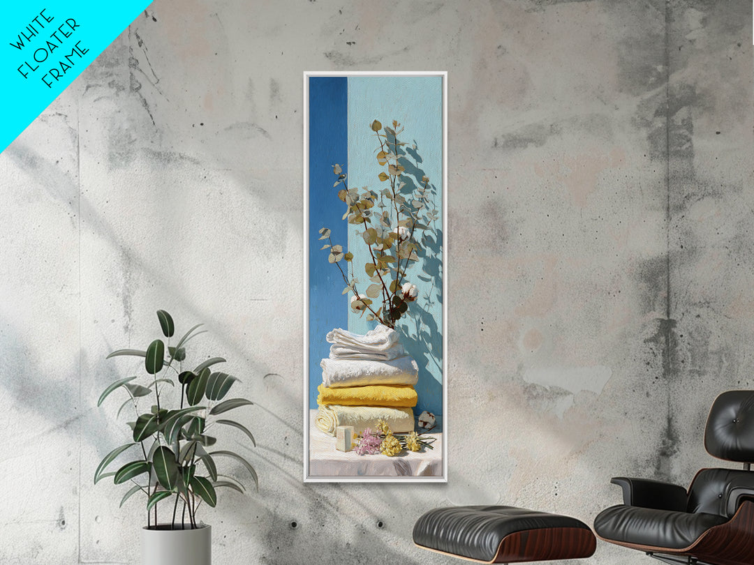 Sunlit White Towels and Eucalyptus Branch Framed Canvas Print, Laundry Room Art, Custom Wall Art, Living Room Decor, Clean, LRA-1x3-71