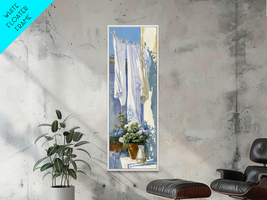 Clothesline with White Linens Blowing in Sunshine Canvas Print, Laundry Room Art, Living Room Decor, Abstract Art, Clean, LRA-1x3-85