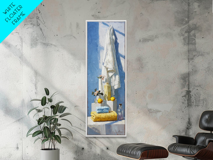Lemon and Clean Linen Still Life Framed Canvas Print, Laundry Room Art, Living Room Decor, Abstract Art, Clean, LRA-1x3-87