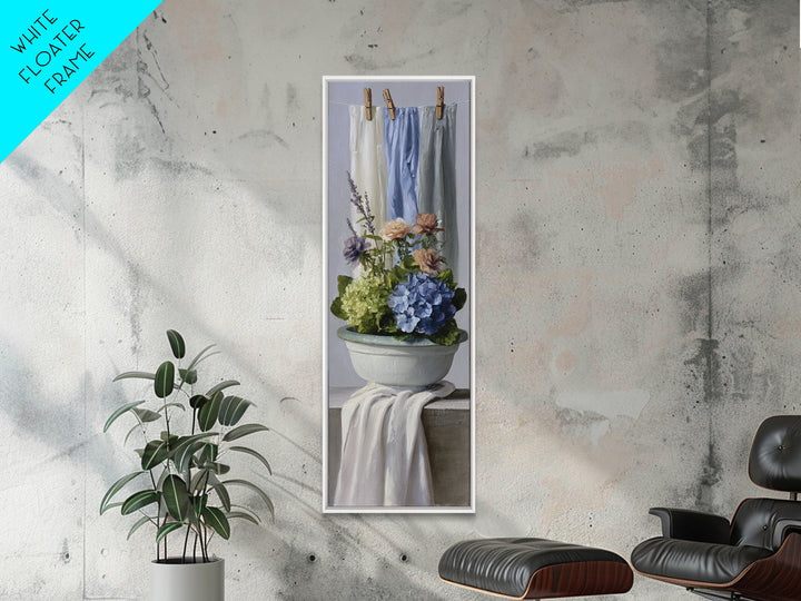Old Enamel Basin Filled Framed Canvas Print, Laundry Room Art, Retro Wall Art, Living Room Decor, Clean, Digital Art Print, LRA-1x3-92